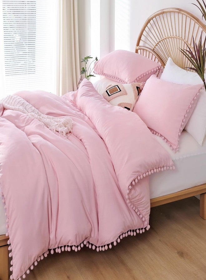 YIRDDEO Twin Comforter Set - Comforter Twin Size Bed with Ball Pom Fringe, Soft Bedding Set for All Seasons - 2 Pieces, 1 Comforter (66"x90") & 1 Pillow Sham(20"x26"), Dust Pink - Image 2